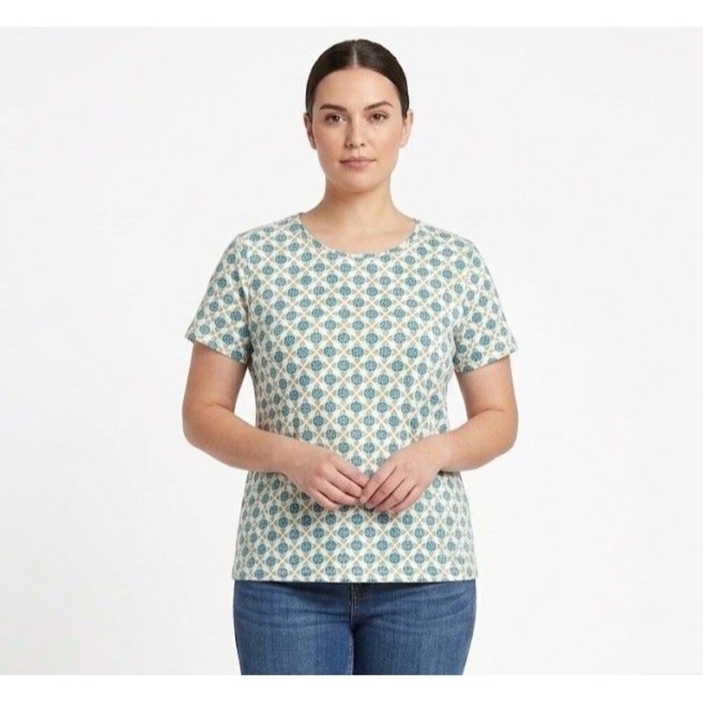 Croft & Barrow Classic Tee Women's XL White Blue Green Floral Knit Crew T-Shirt